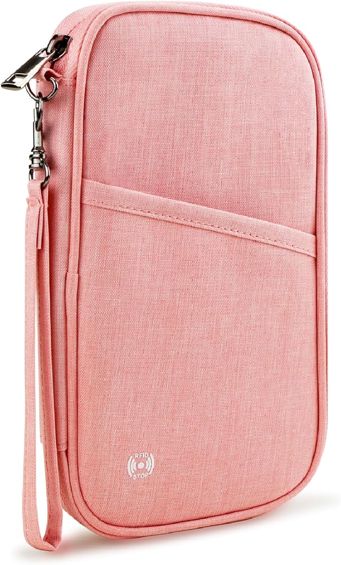 Passport Holder Family, Travel Document Organizer with RFID, Portable Passport Cover Case with Zipper for Cards, Boarding Pass, ID, Money, Tickets (Pink)