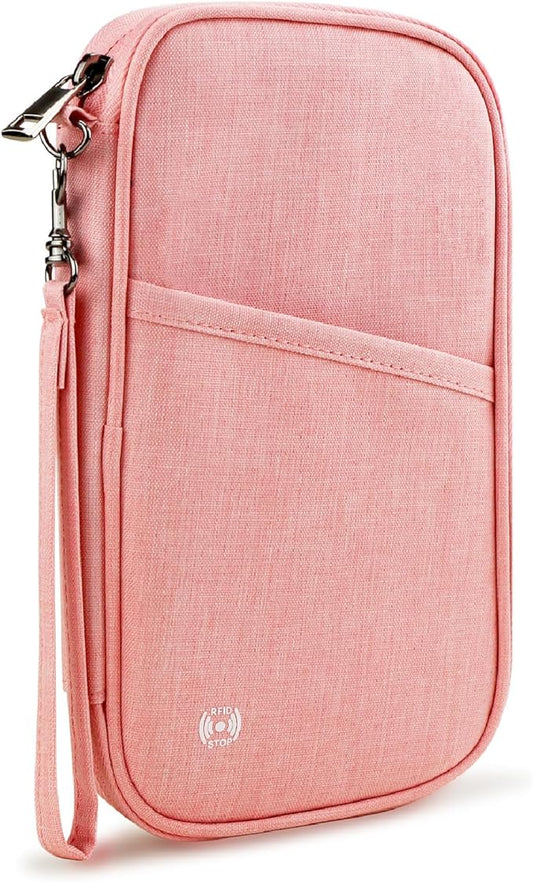 Passport Holder Family, Travel Document Organizer with RFID, Portable Passport Cover Case with Zipper for Cards, Boarding Pass, ID, Money, Tickets (Pink)