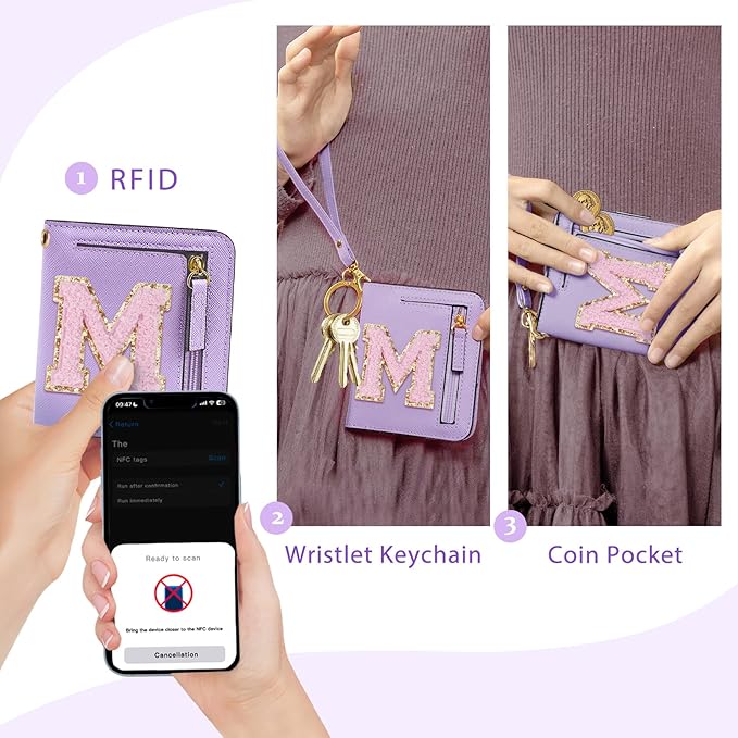 COSHAYSOO Easter Birthday Gifts Initial Wallet for Teenager Girls 8-10 10-12 12-14 14-16 Small RFID Bifold Wallet Travel Purse Unique Preteen Stuff Chenille Letter M Purple