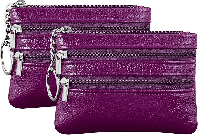 Chelmon 2 Pack Coin Purse Pouch Change Card Holder Small Wallet with Keychain for Women and Men (Purple & Purple)