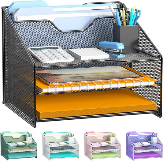 Samstar Desk File Organizer, Mesh Letter File Folder Holder with 3 Paper Trays and 2 Vertical Upright Section, for Office Supplies,Desk Accessories & Workspace,Black.