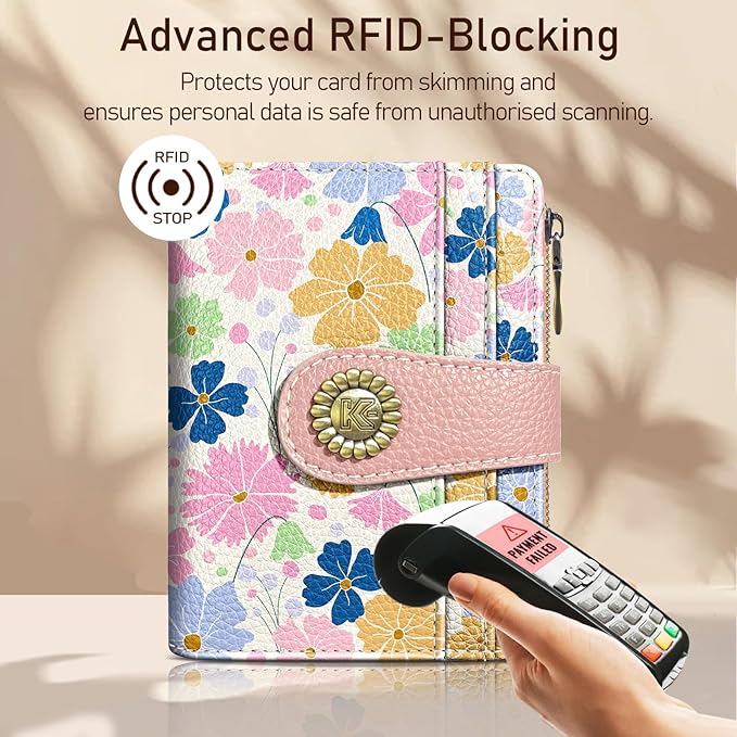 Kelvoris Pastel Art Flower Floral Small Rfid Women Wallet Bifold Zipper Coin Pocket PU Leather Compact Cash Credit Card Holder Travel Wallet for Female Ladies Teen Girls 1 ID Window 10 Card Slots