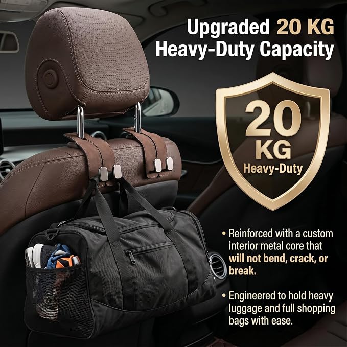 Car Headrest Hooks 2-Pack - Heavy-Duty Car Organizer Hooks for Purses and Grocery Bags,Premium Suede Seat Back Double Hooks,360° Flexible Hooks for Daily Commute and Road Trips (Suede Grey)