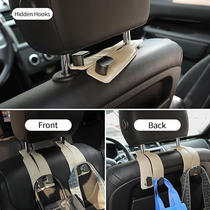 KINIVA Car Seat Headrest Storage Hooks, Set of 2, Suede PU Leather, Double Hooks (06-White)