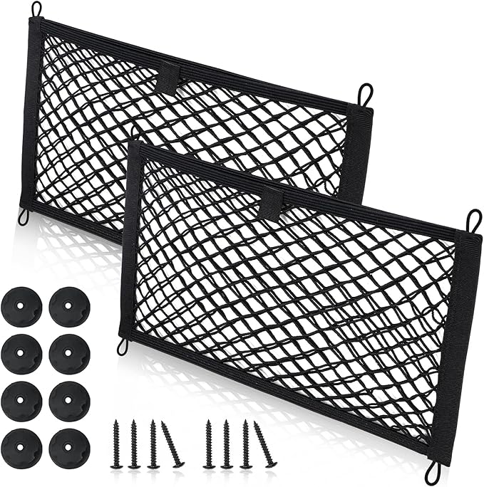 Universal Mesh Cargo Net for Car Trunk Storage,2 Pack Elastic Small Cargo Net Pocket Organizer Pouch Bag,Stretchable Automotive Cargo Nets with 8 Pieces Mounting Screws and Hooks for RV,SUV,Boats,Home