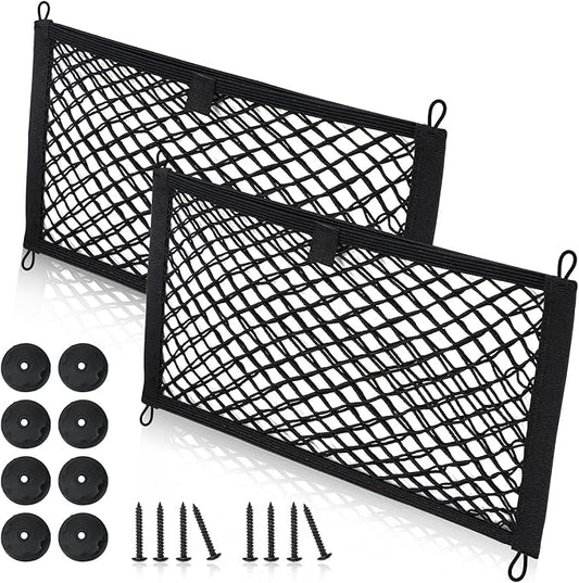 Universal Mesh Cargo Net for Car Trunk Storage,2 Pack Elastic Small Cargo Net Pocket Organizer Pouch Bag,Stretchable Automotive Cargo Nets with 8 Pieces Mounting Screws and Hooks for RV,SUV,Boats,Home