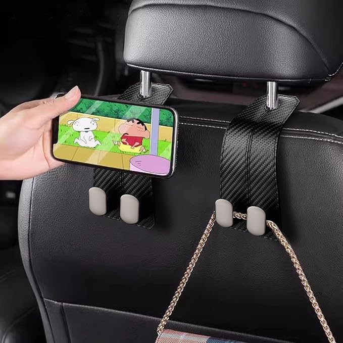 GYUY【2 Pack Car Seat Headrest Hooks, Heavy Duty Back of Seat Organizer with Carbon Fiber Design - Universal Car Accessories for Hanging Grocery Bags, Handbags, Purses, Shopping Bags
