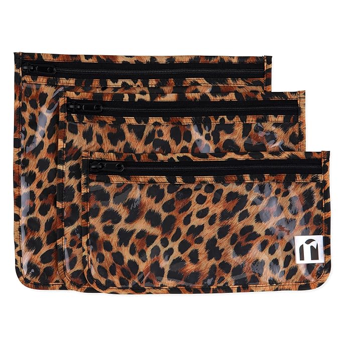 Bumkins Roamio Travel Bag, Toiletry, TSA Approved Pouch, Zip Quart Size Airline Compliant, Clear-Sided, Baby, Diaper Organization, Makeup, Accessories, Carry On Packing, Set of 3 Sizes, Leopard Print