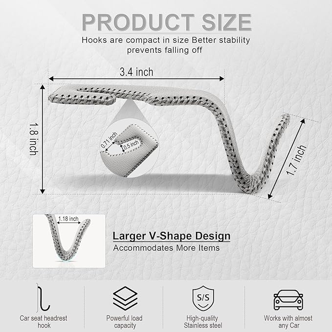 LivTee Gray Superior Leather Car Seat Back Headrest Hook, Auto Seat Hook Hangers Interior Accessories for Purse Coats Umbrellas Grocery Bags Handbag, 2-Pack
