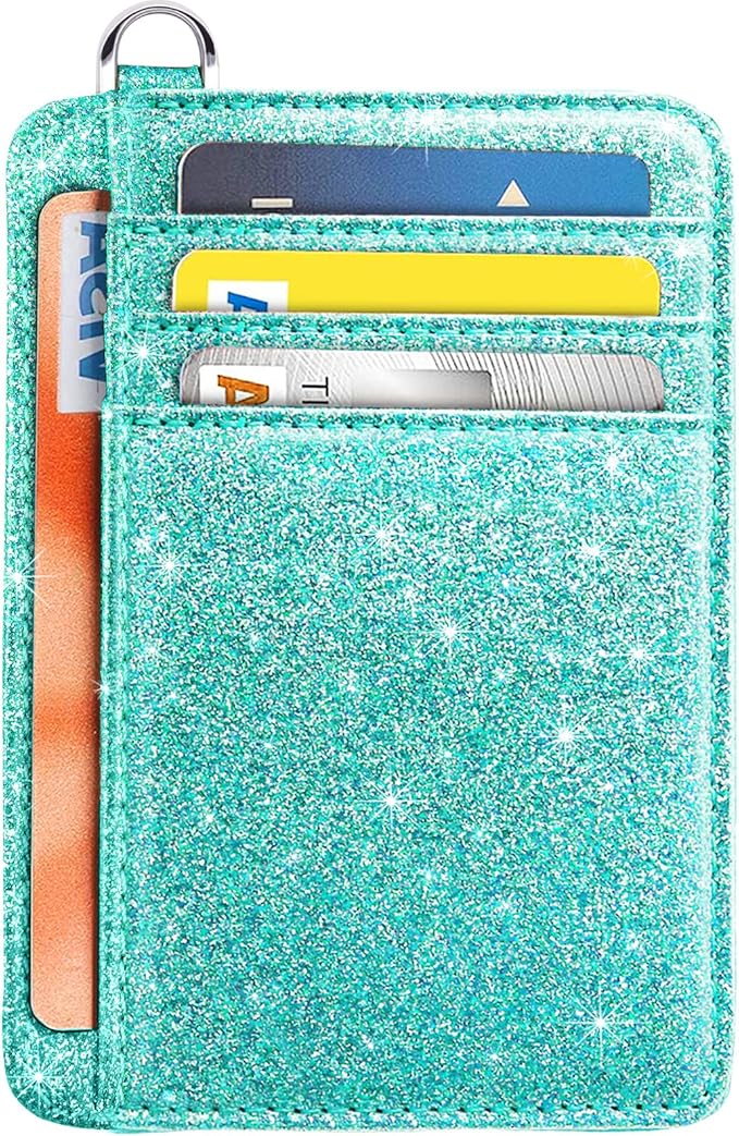 Coco Rossi Slim Front Pocket Wallet RFID ID Card Holder Cute Small Wallet with Keychian for Women,Glitter Teal