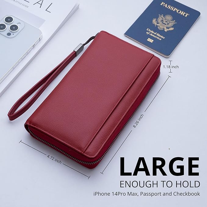 Travel Document Organizer RFID Blocking Leather Multiple Passport Wallet Family Holder Id Wrist Strap(Wine Red)