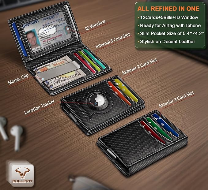 BULLIANT Men Airtag Wallet,Slim Wallet Money Clip Card Holder Magnetic Closure 12 Cards in Front Pocket RFID Blocking