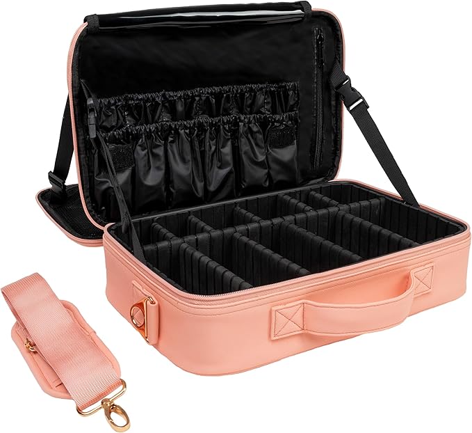 Carrywell Makeup Bag Travel Case, Not-Made In China, Hard Train Case for Cosmetics, Portable Beauty Artists Organizer, Storage Box With Adjustable Dividers For Make Up and Brushes, Medium Pink