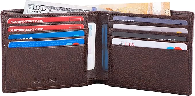 DiLoro Mens Wallet Full Grain Genuine Leather Slim Minimalist Front Pocket Bifold Soft Nappa RFID Protection Gemini Brown