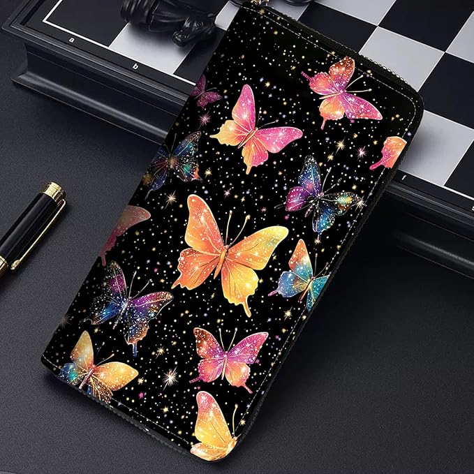 RFID Blocking Leather Wallet for Women – Large Capacity Zip Around Clutch with 8 Card Slots,23 Cash Pockets & Coin Zipper,Colorful Butterfly Art