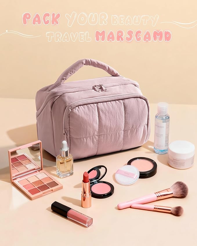 Marscamd Travel Makeup Bag for Women, Toiletry Organizer with Waterproof Pockets, Puffy Cosmetics Pouch for Makeup Brushes, Skincare & Travel Essentials, Pink (Bag only)