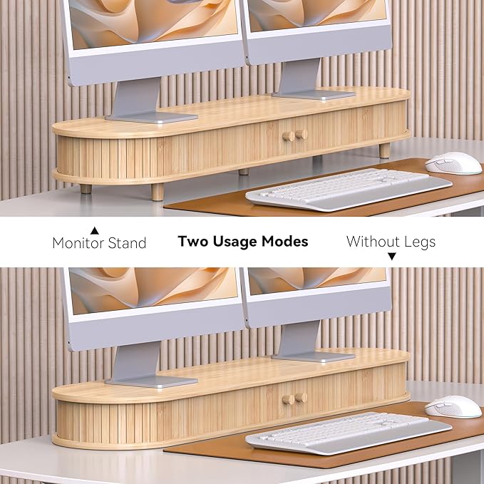 Bamboo Dual Monitor Stand with Storage, Curved Double Computer Laptop Stand Desk Shelf Organizer with Sliding Doors (42 inch)