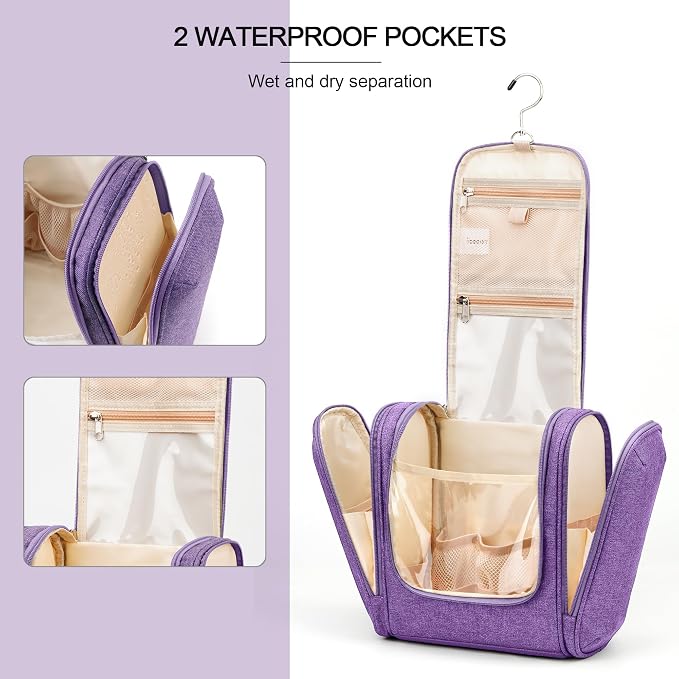 COOSKY Hanging Travel Toiletry Bag for Women and Men, 6 Organizer Compartments, Large Toiletries essentials, Bathroom Cosmetic Accessories, Water-resistant Makeup Bag, Holds Full-Size Shampoo, Purple