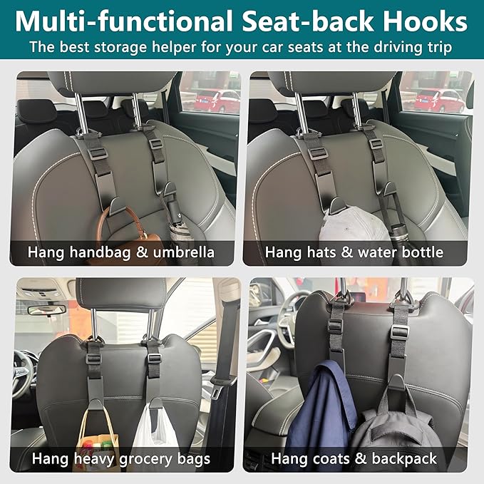 Amooca Headrest Hooks for Car Adjustable 4 Pack Vehicle Seat Back Organizer Storage Hanger Holder for Purse Bags Universal Fit with Clip Black