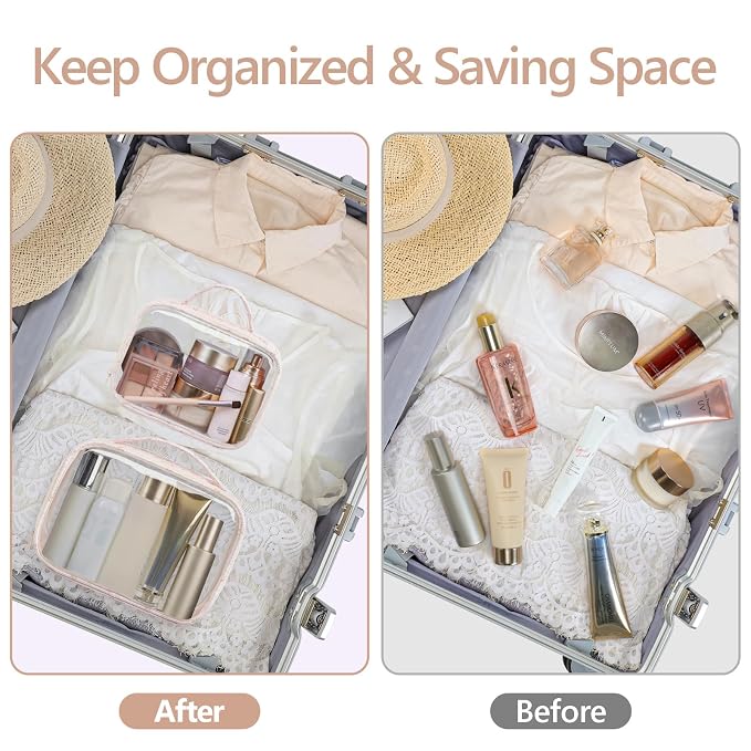 PACKISM Stylish TSA Approved Toiletry Bag Set, Flora, Clear Makeup Bag with Handle, 1 TSA Medium & 1 Large for Travel, Gift for Women, Pink Ditsy Floral