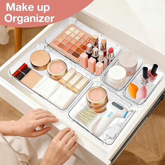 Yummy Sam 16PCS Expandable Drawer Organizers, 2-Size Clear Acrylic Storage Box, Expanding & Adjustable Drawer Organizer for Makeup, Vanity, Bathroom, Kitchen, Office