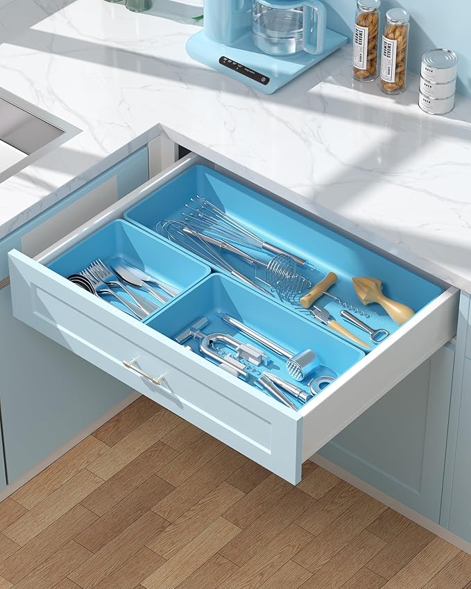 10 Pack Large Size Plastic Drawer Organizers Set, 3 Sizes Desk Drawer Organizer Trays, Storage Bins for Vanity, Makeup, Bathroom, Kitchen Utensils and Office (Blue)