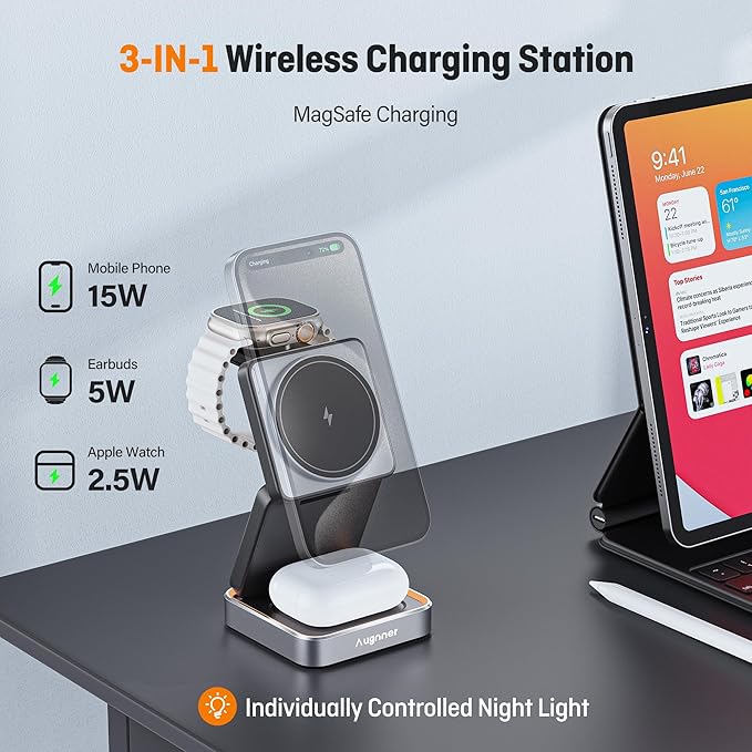 【2026 Upgraded】Wireless Charger 3 in 1, Foldable Wireless Charging Station with Night Light for Apple MagSafe Charger, Travel Magnetic Charger Stand, Nightstand Fast 15W Charging Station (20W Adapter)