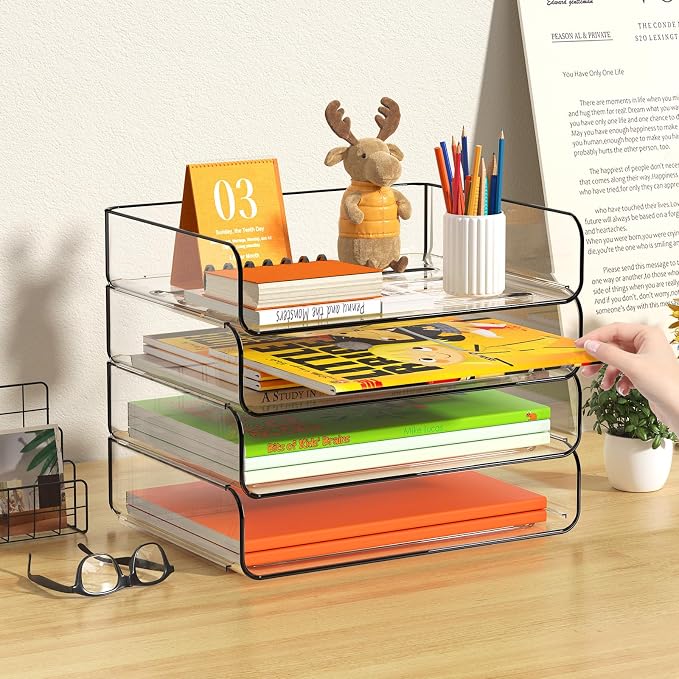 FANXIYQ 4-Tier Acrylic Paper Tray Organizer - Low-Profile Desk File Sorter for Office/Home, Clear Stackable Letter Tray for Bills, Crafts, Notebooks
