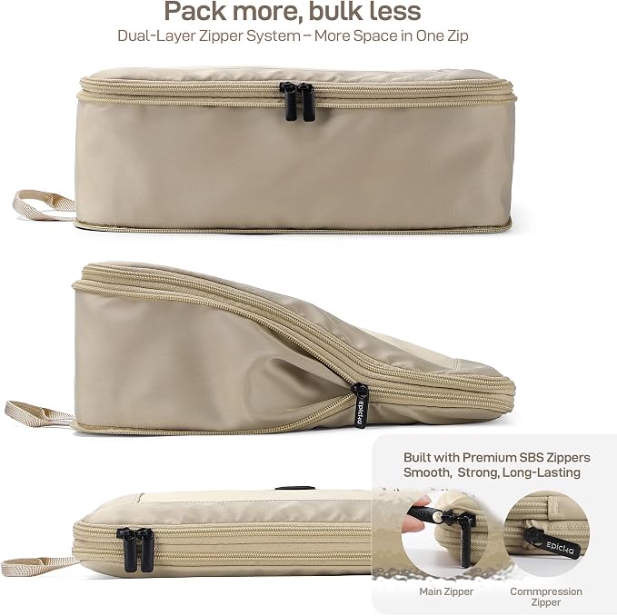 EPICKA TripCozy Compression Packing Cubes - 4 Set Durable Travel Organizer Bags with Mesh Top, Expandable Travel Accessories for Carry on, Luggage, Suitcase, Backpack (Khaki)