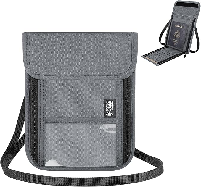 Likesing 5.5" L x 7.7" W Travel Neck Wallet, RFID Blocking Passport Holder for Travel Women Men, Security Passport Wallet with 10 Card Slot, Neck Pouch Gifts for Traveling Family (Grey)
