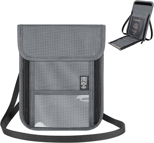 Likesing 5.5" L x 7.7" W Travel Neck Wallet, RFID Blocking Passport Holder for Travel Women Men, Security Passport Wallet with 10 Card Slot, Neck Pouch Gifts for Traveling Family (Grey)