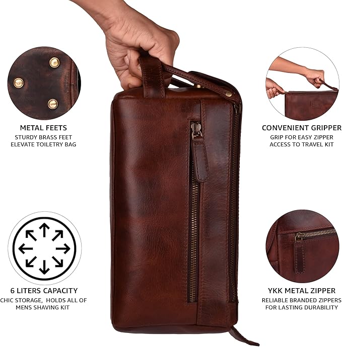LEATHER VILLAGE Genuine Leather Travel Toiletry Bag - Water-Resistant Dopp Kit for Toiletries, Large Shaving Bag & Bathroom Organizer - Gift for Men & Women - Cherry Brown