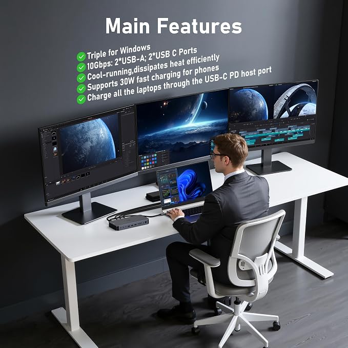 USB C Docking Station Dual Monitors Type C Hub Multiple Adapter Dongle for Dell HP Lenovo Laptop USB C Dock Triple Display with 2 HDMI,DisplayPort 8K,120W Power Supply&30W Charging,10Gbps USB A/C Port