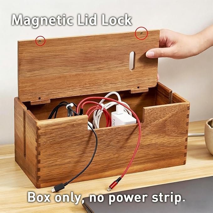 Cord Management Box - Solid Timber Structure, Extension Lead Hideaway Case, Tangles Free Cable Tidying Station, Minimalists Decorative Safety Shell | Desk Tool for Professionals & Students