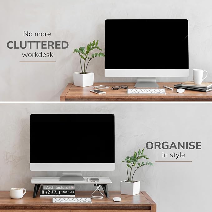 Anji Mountain Monitor Stand - Desktop Organizer & Laptop Riser, Ergonomic Monitor Riser, Space-Saving Monitor Stand for Desk, Durable Construction, Easy Assembly, Ideal for Home & Office,White Wash