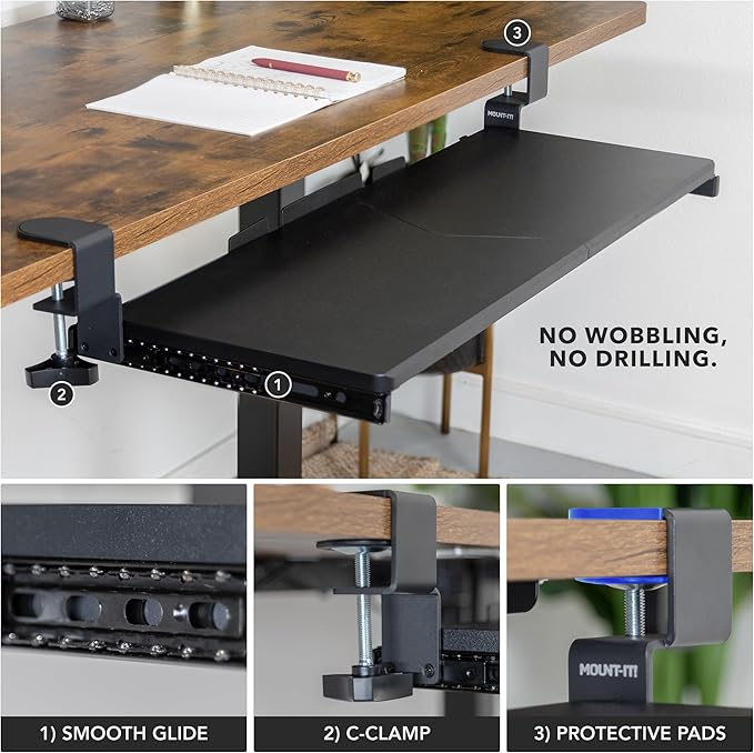 Mount-It! Under Desk Keyboard Tray, 30" Extra-Wide Clamp-On Slide-Out Drawer, Holds 11 lbs, Fits Desks up to 1.77" Thick, No-Drill C-Clamp Mount