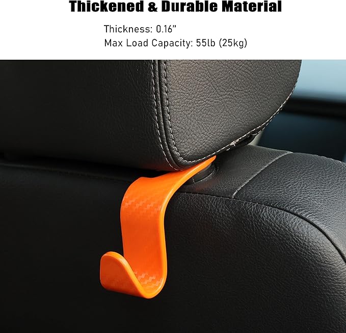 Car Seat Headrest Hook Universal Vehicle Seat Hook Hangers Interior Storage Organizer for Purse Handbag Coats Umbrellas Grocery Bags 4 Pack Orange