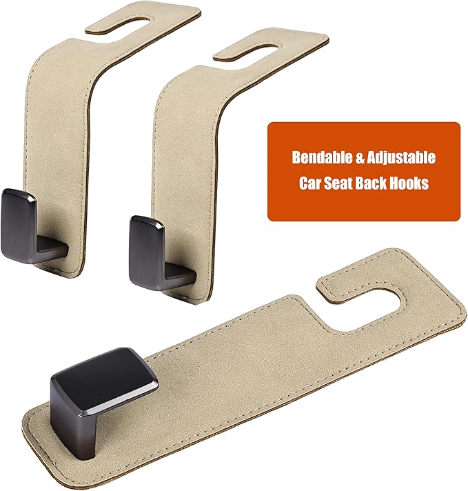 Car Seat Back Hook Metal with Suede Universal Vehicle Headrest Hangers Interior Storage Organizer for Purse Handbag Coat Grocery Bags 2 Pack Beige
