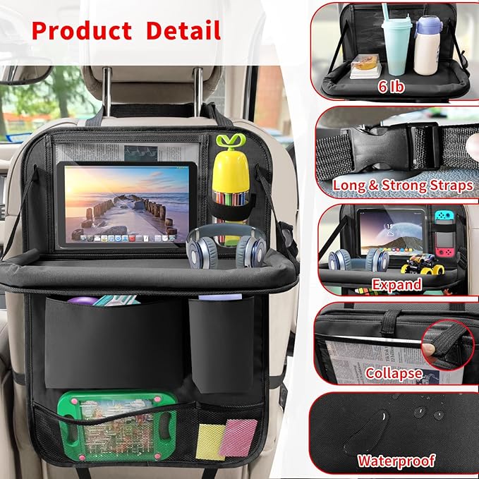 Car Backseat Organizer with Tablet Holder, 6 Storage Pockets Seat Back Protector with Foldable Tray, Kick Mats Back Seat Cover for Kids Toddlers, Travel Accessories, 1 Pc