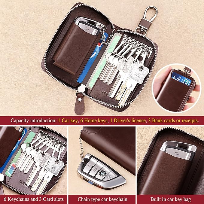 Car Key Case for Men and Women, Apricot Genuine Leather Card Holder Wallet Keys Pouch Organizer Bag with 6 Keychain Hooks, 3 Cards Slot (Apricot w/Keychain)