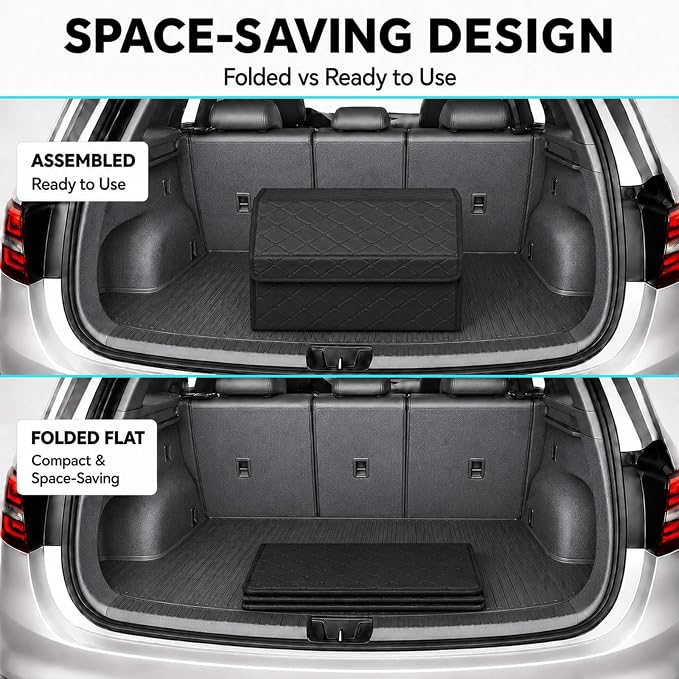 Leather Car Trunk Organizer with Lid,65L Foldable Storage Box for Universal Cars, SUVs, Sedans and MPVs, Removable Divider, Carry Handles, Black