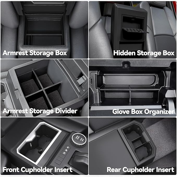ELECFRESH 6PCS Center Console Organizer Tray for 2026 2025 2024 Toyota Tacoma Accessories, Armrest Hidden Storage Box, Rear and Console Cup Holder Glove and Armrest Storage Box with Insert Divider