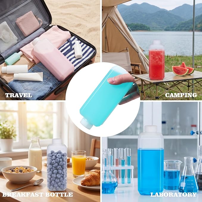 DEMORA 18oz Small Square Plastic Travel Bottles, Reusable Leak Proof Liquid Containers with Caps and Stickers for Pill, Water, Juice (Translucent, 3 Pcs)