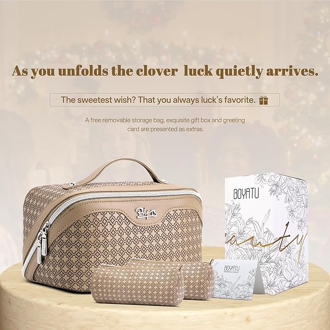 BOYATU Travel Makeup Bag for Women: Four Leaf Clover Large Capacity 3 Pcs Set Cosmetic Bags - Waterproof 50% Extra Space for Toiletry Organizer - Travel Essentials for Fortunate (05 Brown)