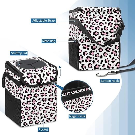 Car Trash Can Cheetah Pink Black Leopard Print Wate-rproof Auto Garbage Bag Car Trash Can with Lid Leak-Proof Car Storage Bag Hanging for Headrest Collapsible and Portable with Storage Mesh Pocket