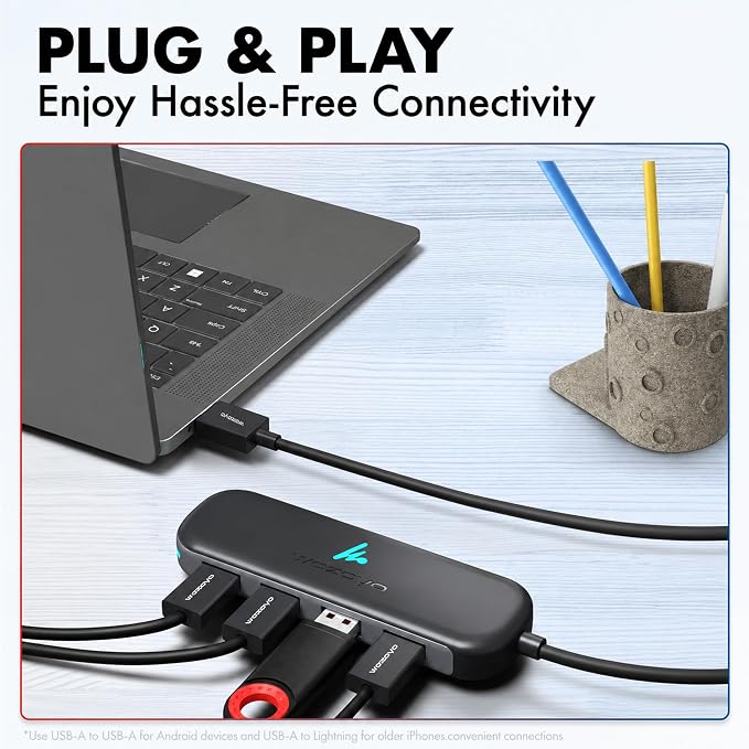 USB A to 4 Port Wozoyo USB 3.2 Hub, 4X USB 5Gbps, Data Transfer Speed Upto 5Gbps and 30cm Cable, Multiport USB Splitter for Laptop and Desktop, Plug and Play, Compact and Portable USB Expansion Hub