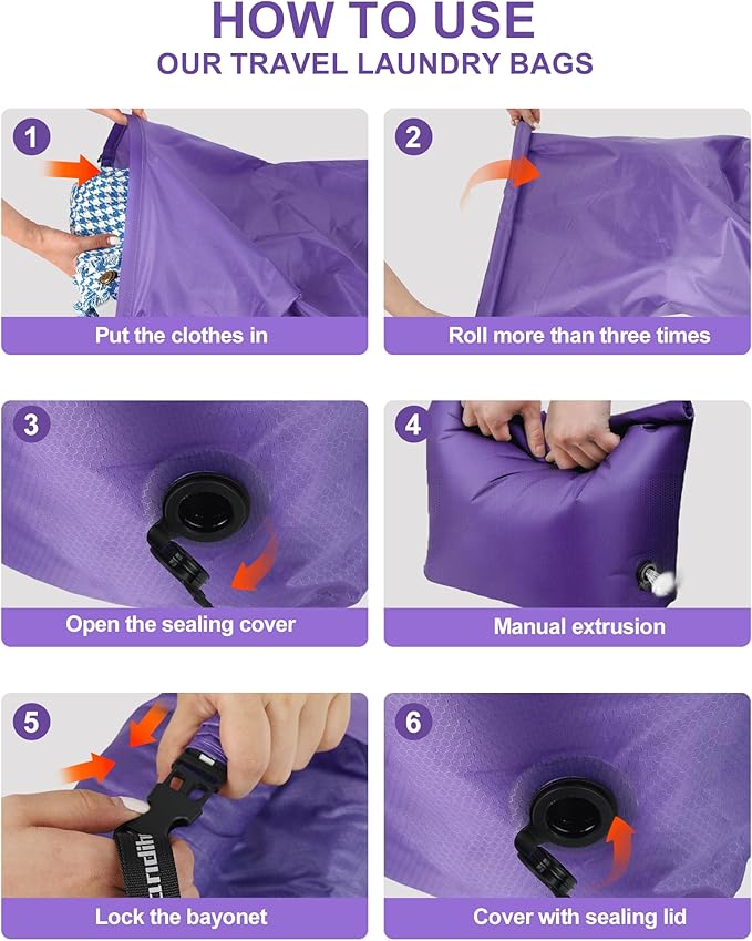 Travel Compression Laundry Bag for Dirty Clothes, Pump-Free Vacuum Space Saver Bag, Reusable Waterproof Wet Dry Bag, Travel Laundry Bag for Luggage, Packing, Suitcase (1 Pcs)（Purple, M)