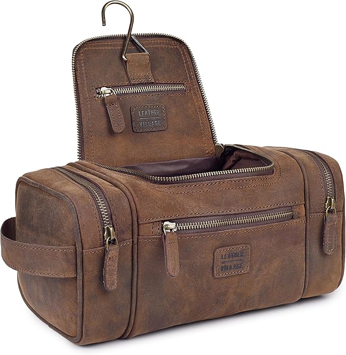 LEATHER VILLAGE Genuine Leather Travel Dopp Kit for Men & Women – Large Capacity Hanging Toiletry Bag with Water-Resistant Lining – Ideal for Travel, Grooming & Gym - Brown