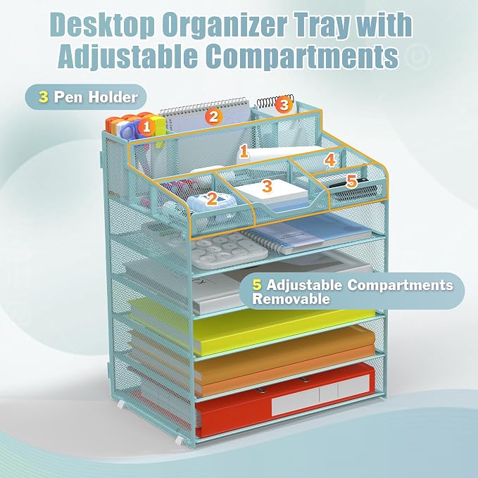 Docnest 6 Tier Mesh Desk Organizer for Paper Office Supplies – Multi-Functional Letter Tray with 5 Adjustable Compartments, 7 Pen Holders, Desktop Storage for Files, Mail, Stationery – Blue