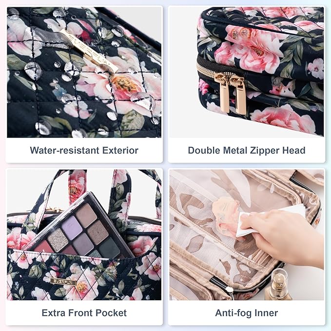 Everfun Hanging Toiletry Bag for Travel, Mothers Day Gift for Mom, 12x9x4.5 inch Large Capacity Cosmetic Organizer with Leakproof Wet/Dry Compartment, Waterproof Dopp Kit for Women Black Floral